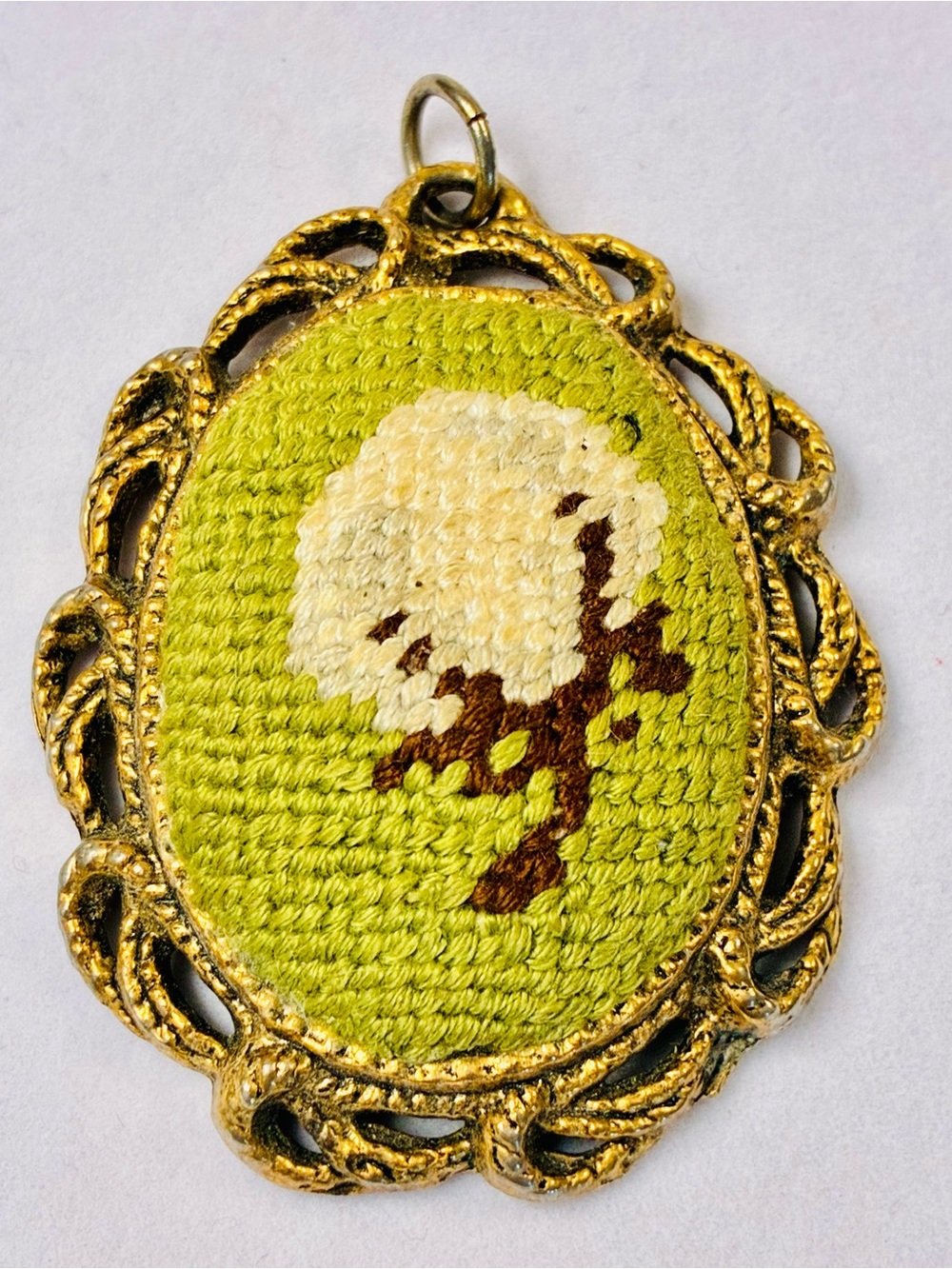 VTG Floral Needlepoint Pendant with Gold-Tone Frame & Mirror On The Back